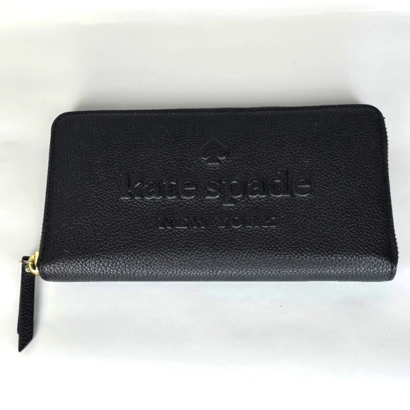 NEW Kate Spade Black Large Continental Peebled Leather Zip Wallet Sienne Logo - Picture 2 of 13